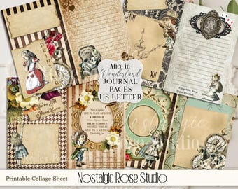 Alice in Wonderland Junk Journal Pages, Printable Journal, Digital Journal Kit, Scrapbook Paper, Vintage Paper, Digital Download, Craft