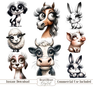 Funny Animal Clipart Bundle, Quirky Animals, Cute Animal Clipart, PNG Images, CU, Funny Farm Animals