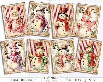 レトロなクリスマス雪だるまコラージュシート、タグ、ジャーナルカード、デジタル画像、スクラップブックカード、印刷可能なダウンロード、ACEO、デジタルカード