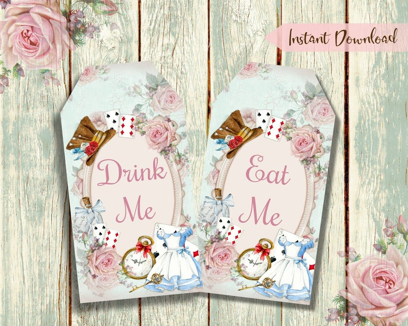 Alice in Wonderland Tags, Eat Me, Drink Me, Printable Tags, Favors Tea party Mad Hatter Digital Download image 4