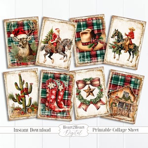 Tartan Western Christmas Collage Sheet, Cowboy Santa Journal Cards, Digital Cowboy Christmas Scrapbook Cards, Printable Download, ACEO,