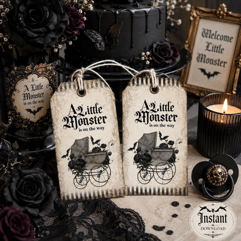 May include: Two rectangular paper tags with a vintage beige finish and black striped edges. Each tag features the text A Little Monster is on the way above a graphic of a baby carriage adorned with flowers and bats, suspended by twine.