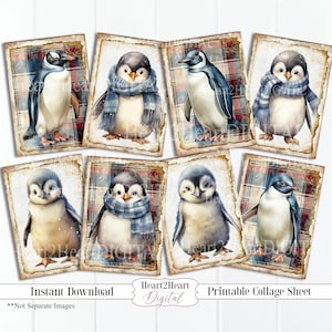 Tartan Christmas Penguins Collage Sheet, Tags, Journal Cards, Digital Image, Scrapbook Cards, Printable Download, ACEO, Digital Cards