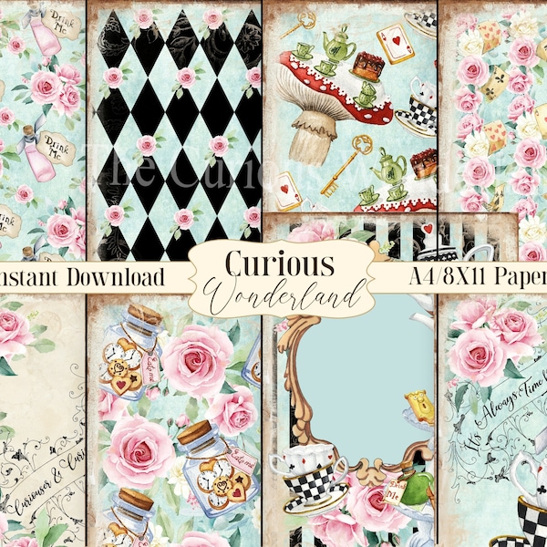 Alice in Wonderland Part 1 Paper Pack, Printable Paper, Scrapbooking paper, White Rabbit, Tea Party, Mad Hatter Paper Pack, Collage Sheet PW