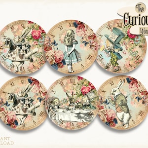 Alice in Wonderland Clocks, 2.5 inches, Printable Clocks, Bottle Caps, Stickers, INSTANT DOWNLOAD Collage sheet , Mad Hatter Tea Party
