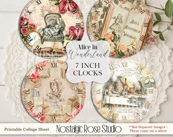 Alice in Wonderland Clock Faces Printable 7 Inch Vintage Tea Party Decor DIY Clock Making Collage Sheet Digital Craft Download