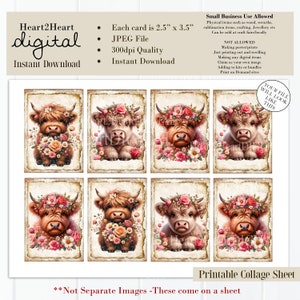 Highland Cow Collage Sheet, Tags, Journal Cards, Digital Image, Scrapbook Cards, Printable Download, ACEO, Digital Cards, Cows,