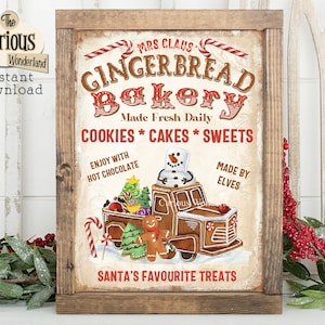 Christmas Gingerbread Bakery Sign - Digital Instant Download - Christmas Wall Art - Gingerbread Sign - Santa Sign