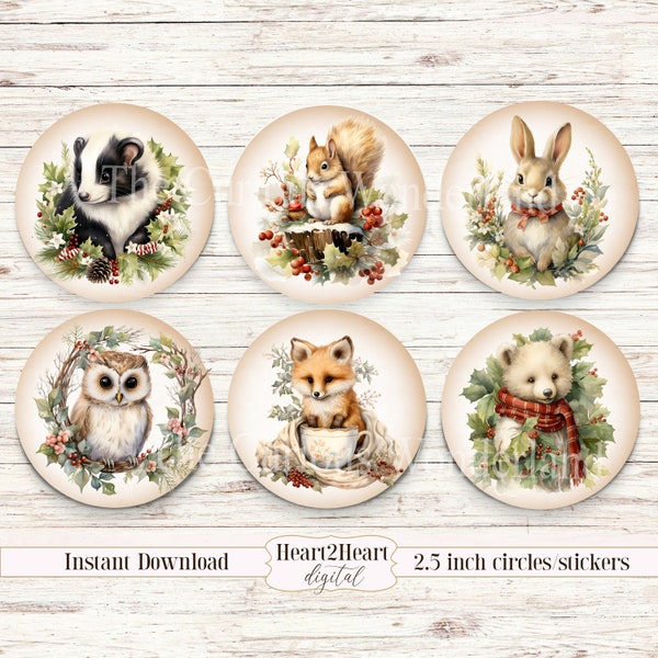Christmas Woodland Animal Circle Tags DIY Gift Labels 2.5 inches Printable Images Bottle Caps Stickers INSTANT DOWNLOAD Collage sheet