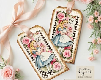 Alice im Wunderland Eat Me Drink Me Party Tags, Etiketten, Printable Tags, Gastgeschenke Teeparty Mad Hatter Digital Download