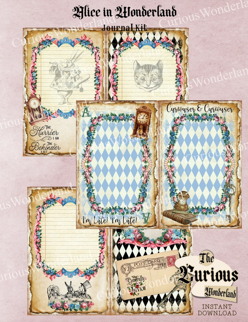 Download Clip Art Art Collectibles Digital Download Wonderland Craft Tattered Scrapbook Paper Digital Journal Kit Printable Vintage Alice In Wonderland Junk Journal Pages