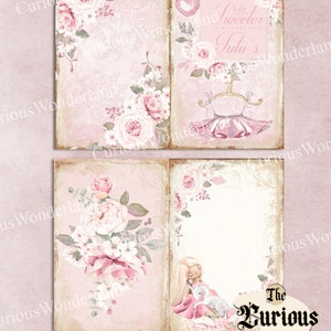 May include: A digital download with a vintage aesthetic, featuring four pages in shades of pink. The pages are decorated with floral and lace designs. One page includes the text "Life Sweeter if we wore more Tutu's". A doll and unicorn are also featured.