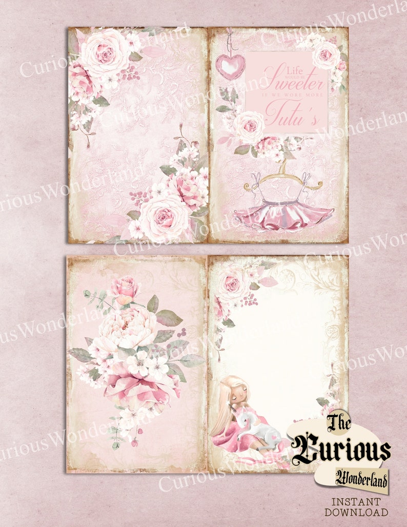May include: A digital download with a vintage aesthetic, featuring four pages in shades of pink. The pages are decorated with floral and lace designs. One page includes the text "Life Sweeter if we wore more Tutu's". A doll and unicorn are also featured.