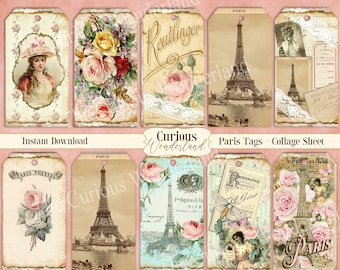 Shabby Chic Paris Tags Junk Journal Scrapbook Collage Sheet Hang Tags DIGITAL DOWNLOAD Floral Rose French Ladies