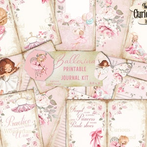 May include: A set of printable journal kit pages with a ballerina theme. The design features illustrations of ballerinas, ballet shoes, and floral elements in shades of pink and cream. Text includes "Ballerina Printable Journal Kit" and other phrases.