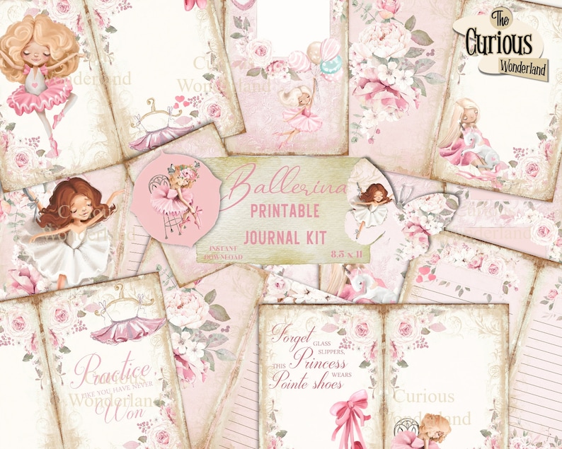 May include: A set of printable journal kit pages with a ballerina theme. The design features illustrations of ballerinas, ballet shoes, and floral elements in shades of pink and cream. Text includes "Ballerina Printable Journal Kit" and other phrases.