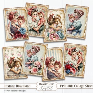 Retro Mom & Daughter Ephemera Cards, Mother&#39;s Day Collage Sheet Tags Cards Digital Image Scrapbook Cards, Junk Journals Mothers Day