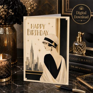 May include: A greeting card featuring the text Happy Birthday in gold lettering. The illustration depicts a person in a black dress and a cream-coloured cloche hat, set against a stylised city skyline with gold stars on a cream and black background.