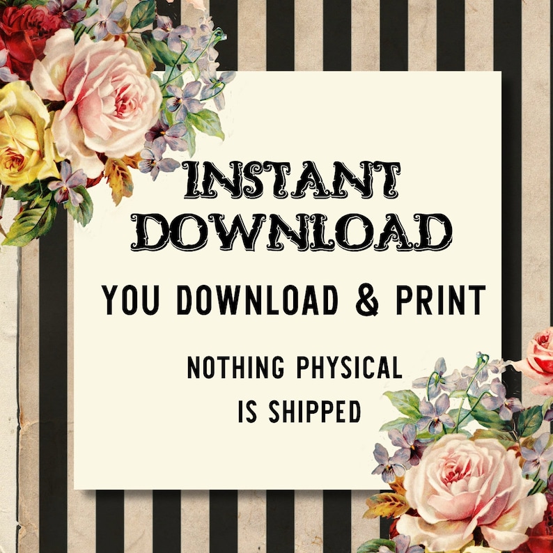 May include: A white card with black text that reads "INSTANT DOWNLOAD YOU DOWNLOAD & PRINT NOTHING PHYSICAL IS SHIPPED". The card is surrounded by a black and white striped background with pink and purple flowers.