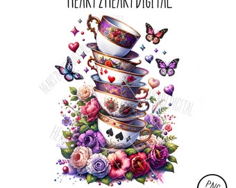 Watercolor Stack of Teacups PNG, Alice in Wonderland Clipart, Sublimation Image, Junk Journal, Digital Download, T-Shirt png, Tea Party PNG