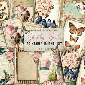 Shabby Chic Bird Junk Journal French Ephemera  Pack Digital Download Tags  Kit Printable Pink Floral Journal, Birds Butterflies