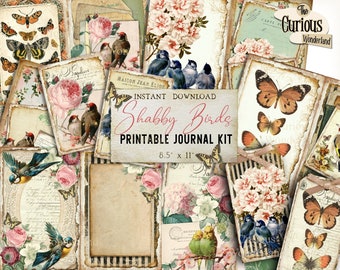 Shabby Chic Bird Junk Journal French Ephemera  Pack Digital Download Tags  Kit Printable Pink Floral Journal, Birds Butterflies