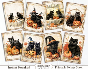 Digital Halloween Black Cats Collage Sheet, Retro Halloween, Journal Cards, Digital Image, Scrapbook Cards, Printable Download, ACEO,