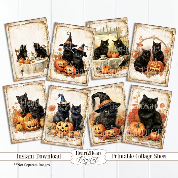 Digital Halloween Black Cats Collage Sheet, Retro Halloween, Journal Cards, Digital Image, Scrapbook Cards, Printable Download, ACEO,