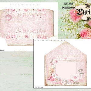 May include: Two pink envelopes with floral and lace patterns. One has a heart charm, the other a framed illustration of a girl and a unicorn. The text "The Curious Wonderland" is displayed on both.