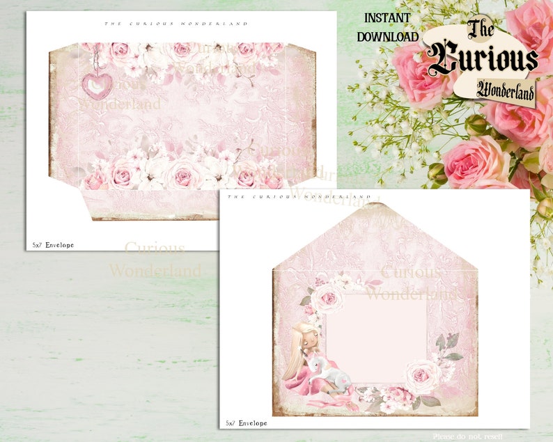 May include: Two pink envelopes with floral and lace patterns. One has a heart charm, the other a framed illustration of a girl and a unicorn. The text "The Curious Wonderland" is displayed on both.