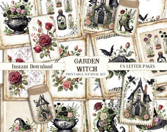 Garden Witch Junk Journal Ephemera Pack Digital Download Kit Printable Halloween Journal Autumn witchy Craft Paper Fussy Cuts