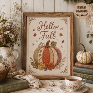 Hello Fall borduurstijl afdrukbare muurkunst | Patchwork pompoen herfst print digitale download | Cottagecore-herfstdecoratie