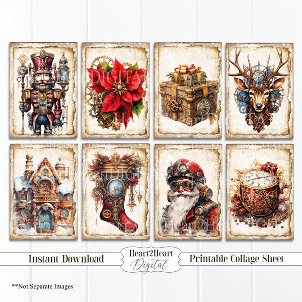 Steampunk Christmas Collage Sheet, Tags, Journal Cards, Digital Image, Scrapbook Cards, Printable Download, ACEO,