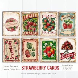 Farmhouse Strawberry Ephemera Cards Collage Sheet, Tags, Journal Cards, Digital Image, Scrapbook Cards, , ACEO, Strawberries