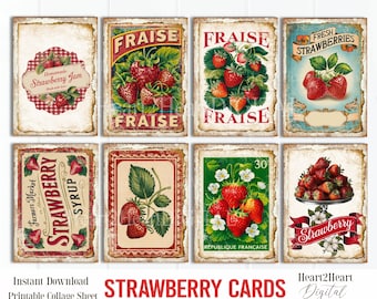 Farmhouse Strawberry Ephemera Cards Collage Sheet, Tags, Journal Cards, Digital Image, Scrapbook Cards, , ACEO, Strawberries