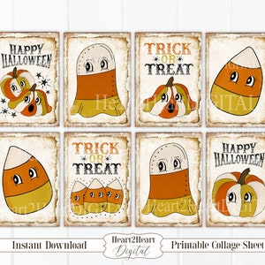 Puede incluir: Hoja de collage imprimible con ocho imágenes de temática de Halloween. Las imágenes incluyen fantasmas, calabazas, maíz dulce y el texto "Trick or Treat" y "Happy Halloween".