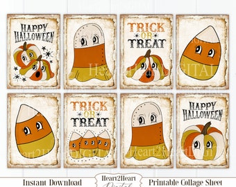 Digital Cute Retro Halloween Candy Corn & Pumpkin Collage Sheet, Journal Cards, Digital Image, Scrapbook Cards, Printable Download, ACEO
