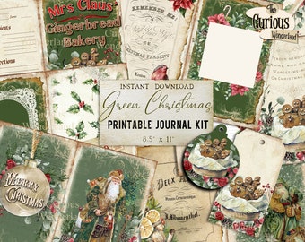 Green Santa Claus Christmas Junk Journal, Printable, Gingerbread Journal, Digital Scrapbook Paper, Digital Download Craft, Recipes Ephemera