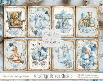 Biglietti vintage per neonati, biglietti ATC ACEO, biglietti stampabili per neonati, foglio collage per neonati, download digitale