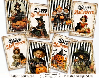 Digital Halloween Witch Collage Sheet, Retro Halloween, Journal Cards, Digital Image, Scrapbook Cards, Printable Download, ACEO,