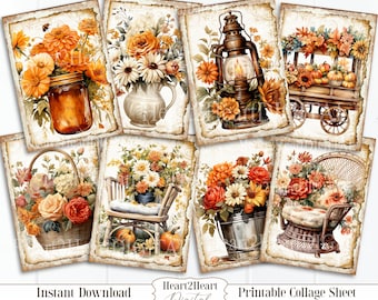 May include: Printable collage sheet with fall-themed images.  The sheet includes images of flowers, pumpkins, a lantern, a wagon, a rocking chair, and a basket.