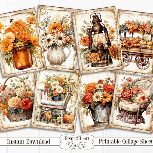 Autumn Floral ATC Collage Sheet, Fall Flowers Journal Cards, Digital Image, Scrapbook Cards, Printable Download, ACEO, Digital Cards