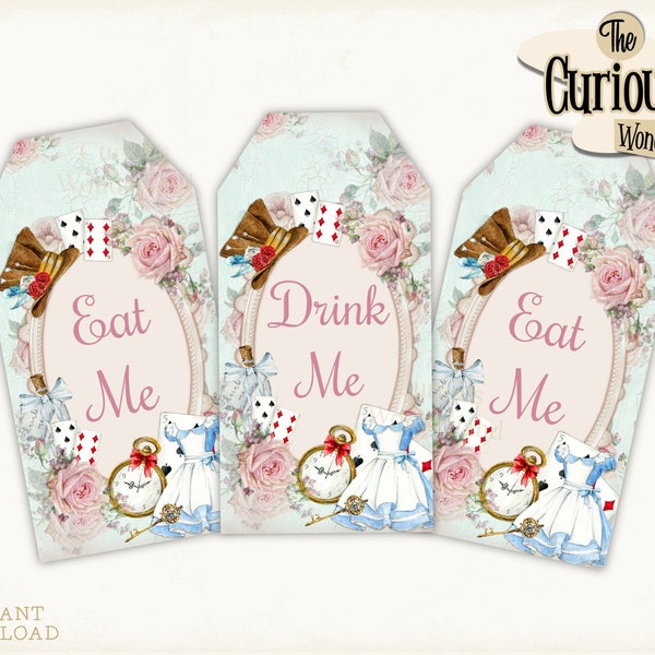 Alice in Wonderland Tags, Eat Me, Drink Me, Printable Tags, Favors Tea party Mad Hatter Digital Download