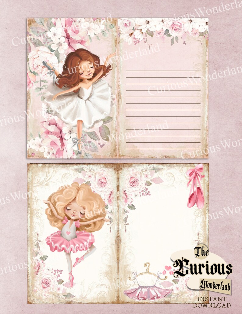 May include: Ballet-themed stationery set featuring illustrations of ballerinas in pink and white tutus, with floral decorations. The design includes lined pages and the text "The Curious Wonderland".