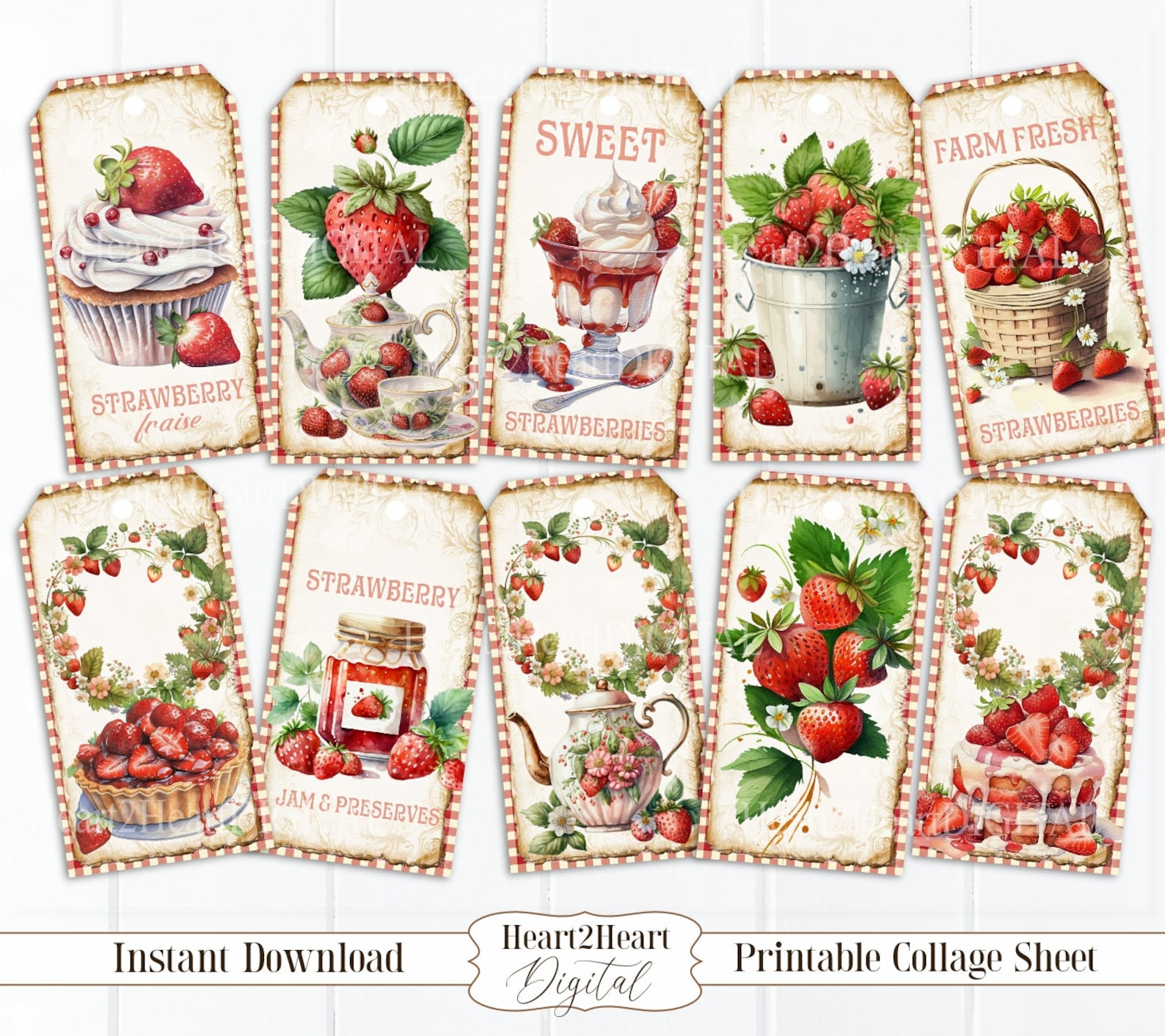 Strawberry Tags, Printable Strawberry Ephemera, Digital Download ...