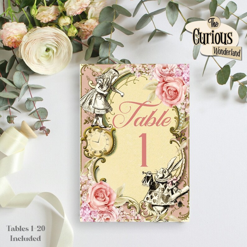 alice in wonderland printable table numbers table 1 20 etsy