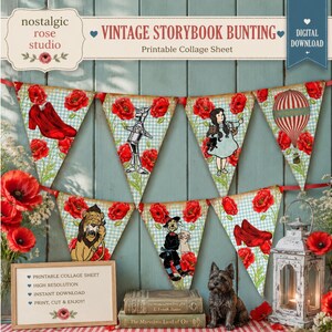 May include: A printable collage sheet featuring vintage storybook bunting with triangular flags. Each flag displays a light blue gingham background with red poppy flowers and illustrations of characters and items from The Wizard of Oz.