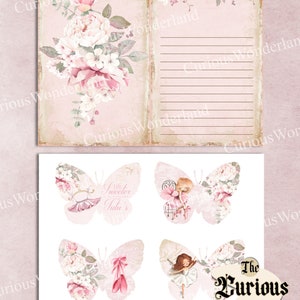 May include: Digital download featuring a pink and white floral design with butterflies and ballet-themed illustrations. The top portion includes lined paper and a floral arrangement. The bottom section showcases butterfly designs with ballet imagery and text.