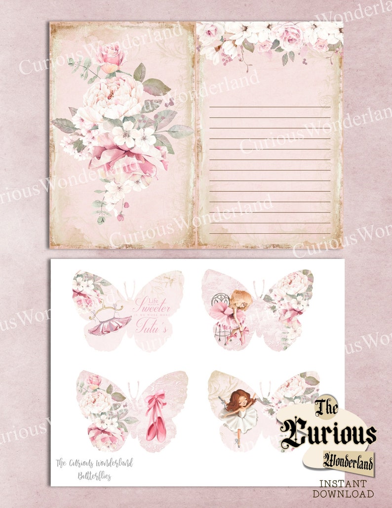 May include: Digital download featuring a pink and white floral design with butterflies and ballet-themed illustrations. The top portion includes lined paper and a floral arrangement. The bottom section showcases butterfly designs with ballet imagery and text.