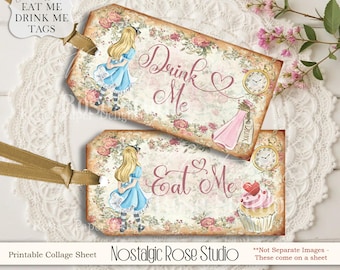 Könnte beinhalten: Zwei Tags im Vintage-Stil mit floralen Illustrationen und Illustrationen von Alice im Wunderland. Auf einem Tag steht "Drink Me" und auf dem anderen "Eat Me". Beide Tags zeigen Alice in einem blauen Kleid, eine Taschenuhr und einen Cupcake.